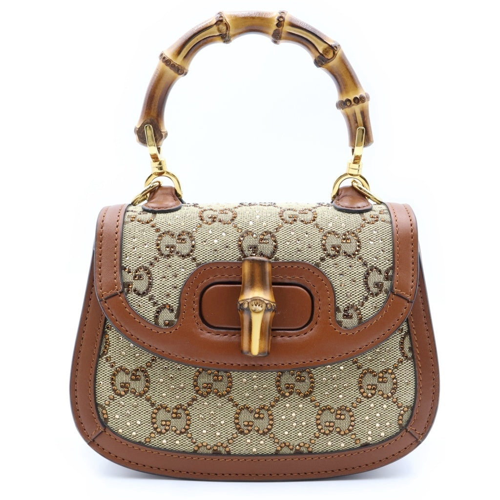 GUCCI(グッチ) バンブー1947 2WAYショルダー ミニ ハンドバッグ GGクリスタル キャンバス ブラウン/ベージュ 735116 レディース