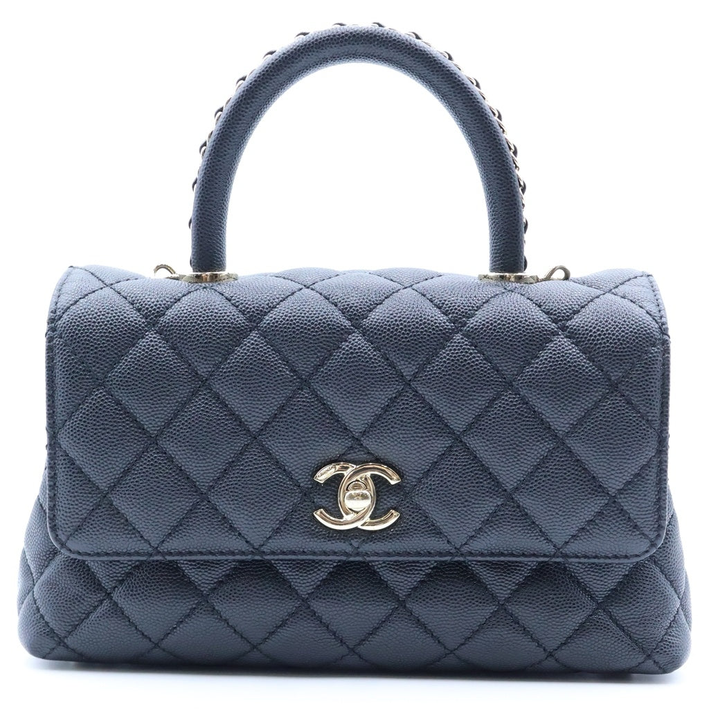 CHANEL(シャネル) ココハンドルXS チェーンハンドル 2WAYハンドバッグ ショルダーバッグ ブラック キャビアスキン プレートシリアル A92990 ゴールド金具 レディース