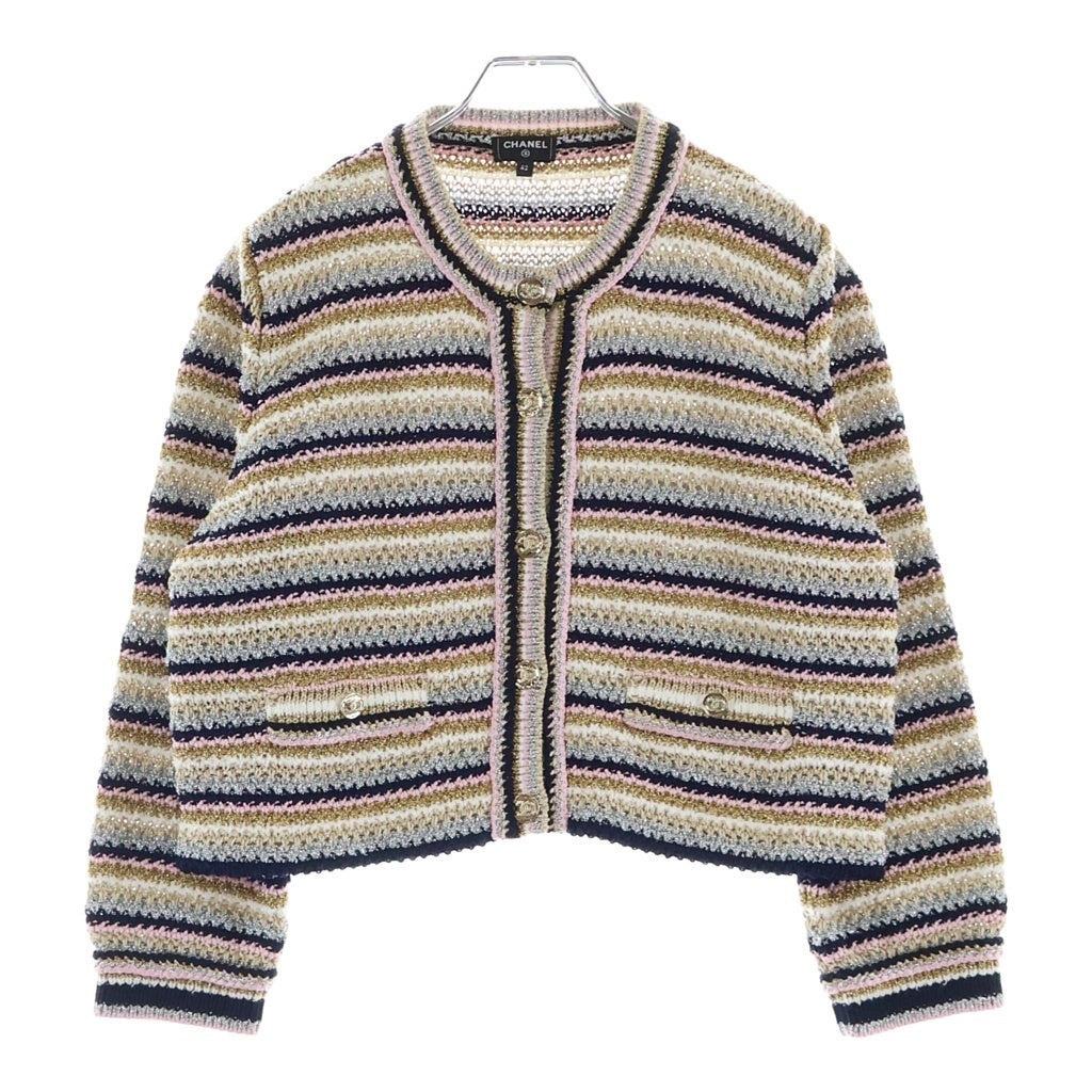 CHANEL(シャネル) 2024年春夏プレコレクション 24P カーディガン ノーカラー ジャケット ボーダー ラメ ココボタン コットン マルチカラー P76884K11052 レディース