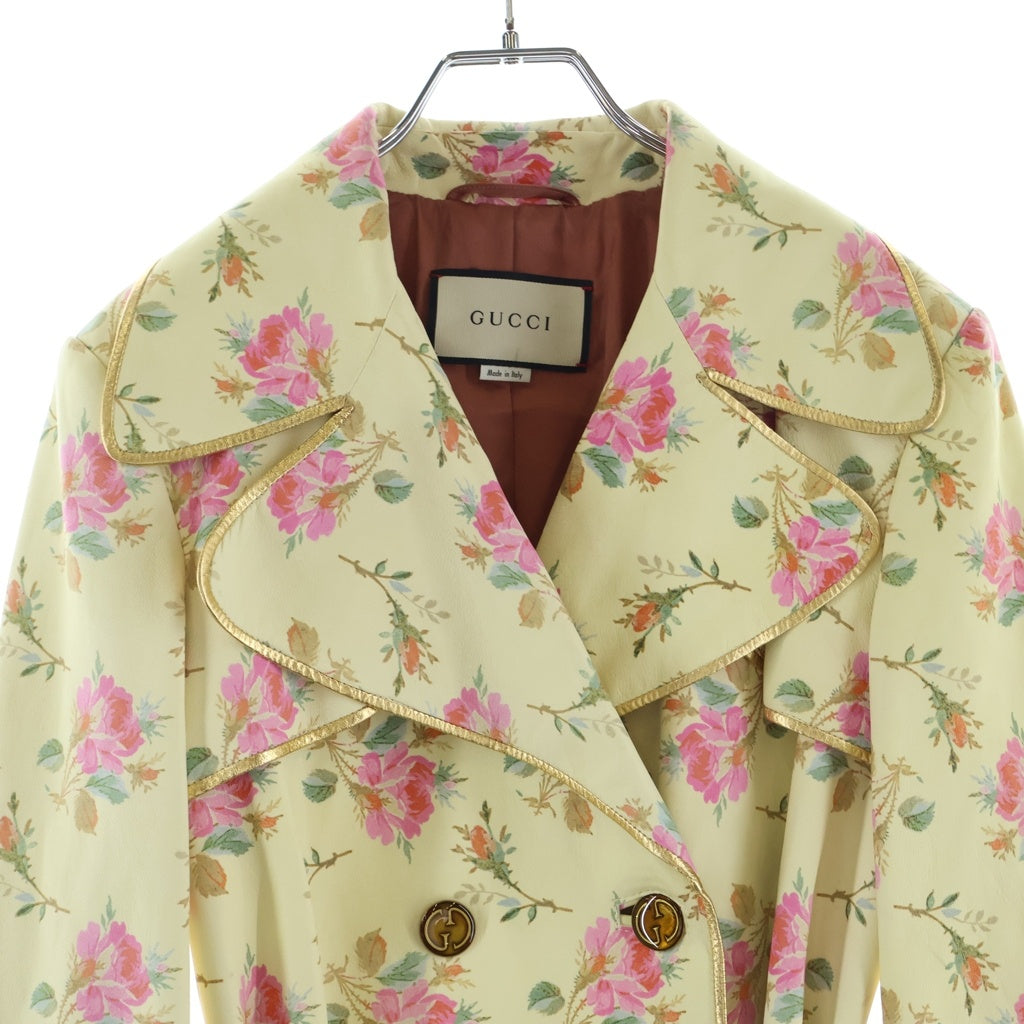 GUCCI(グッチ) ロング コート フラワープリント アウター ベルト付き レザー イエロー