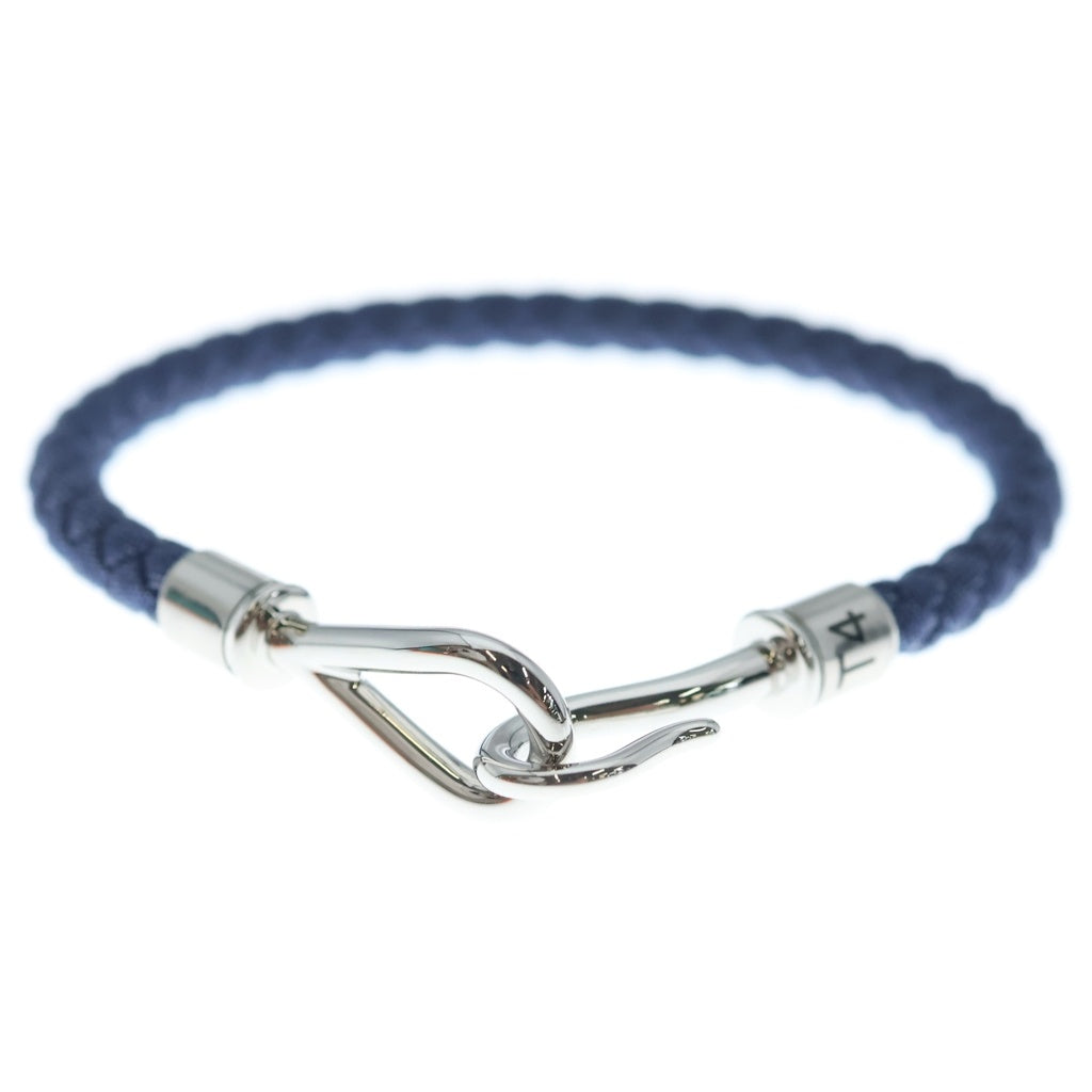 HERMES(エルメス) ジャンボH レザー ブレスレット シングル 編み込み シルバー金具 ブルー レディース