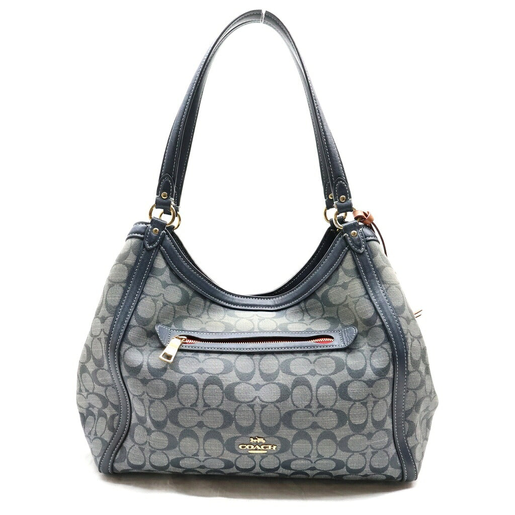 COACH(コーチ) シグネチャー デニム トート ハンドバッグ ロゴ レザー グレー