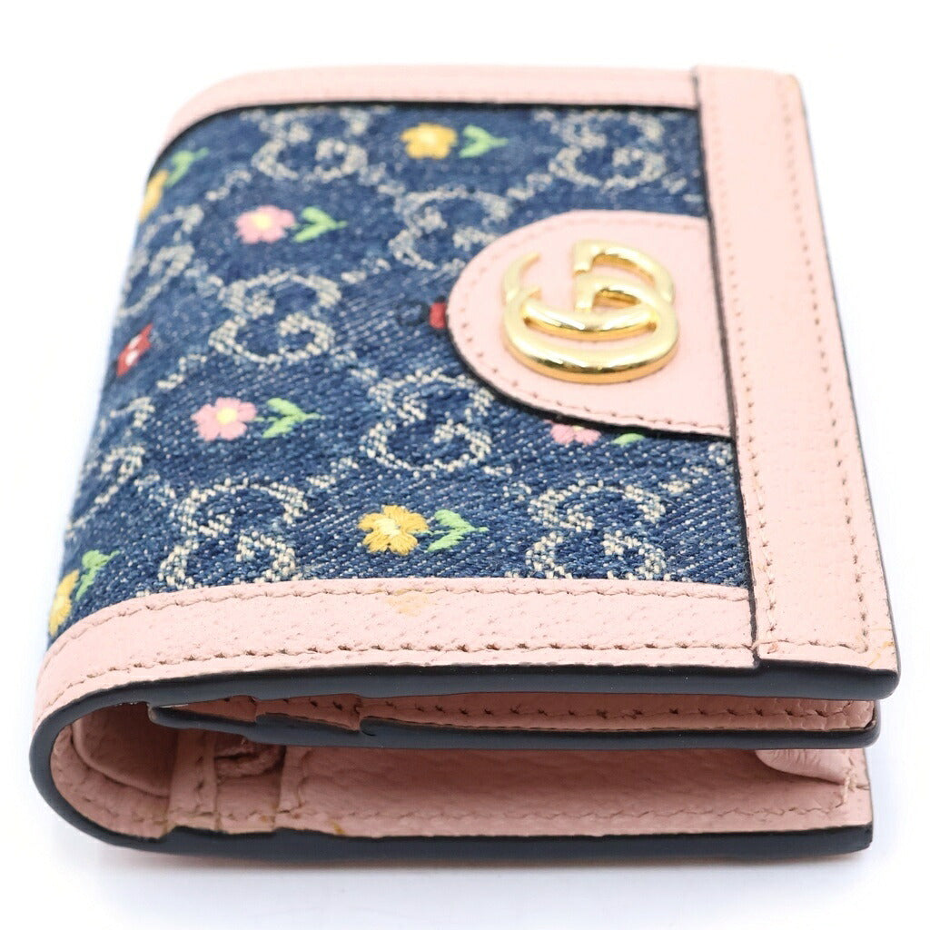 GUCCI(グッチ) GGマーモント 二つ折り財布 コンパクトウォレット コインケース デニム×レザー ピンク×インディゴブルー 523155