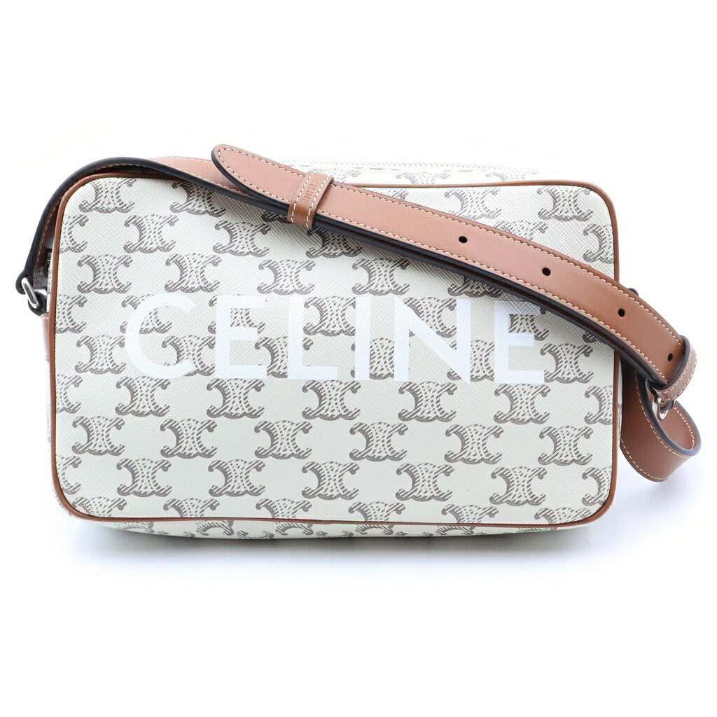 CELINE(セリーヌ) トリオンフ ホリゾンタルポーチ ショルダーバッグ ホワイト×ブラウン レザー×PVC シルバー金具