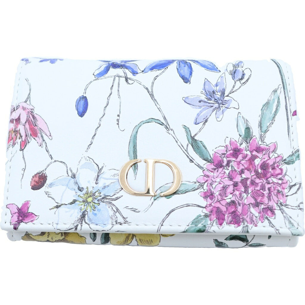 Christian Dior(クリスチャンディオール) カロ 花柄 フローラルプリント コンパクトウォレット 二つ折り財布 ホワイト レザー ゴールド金具