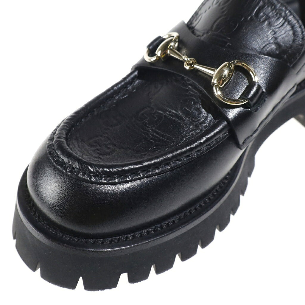 GUCCI(グッチ) GGエンボス ホースビット ローファー シューズ グッチシマ レザー ブラック