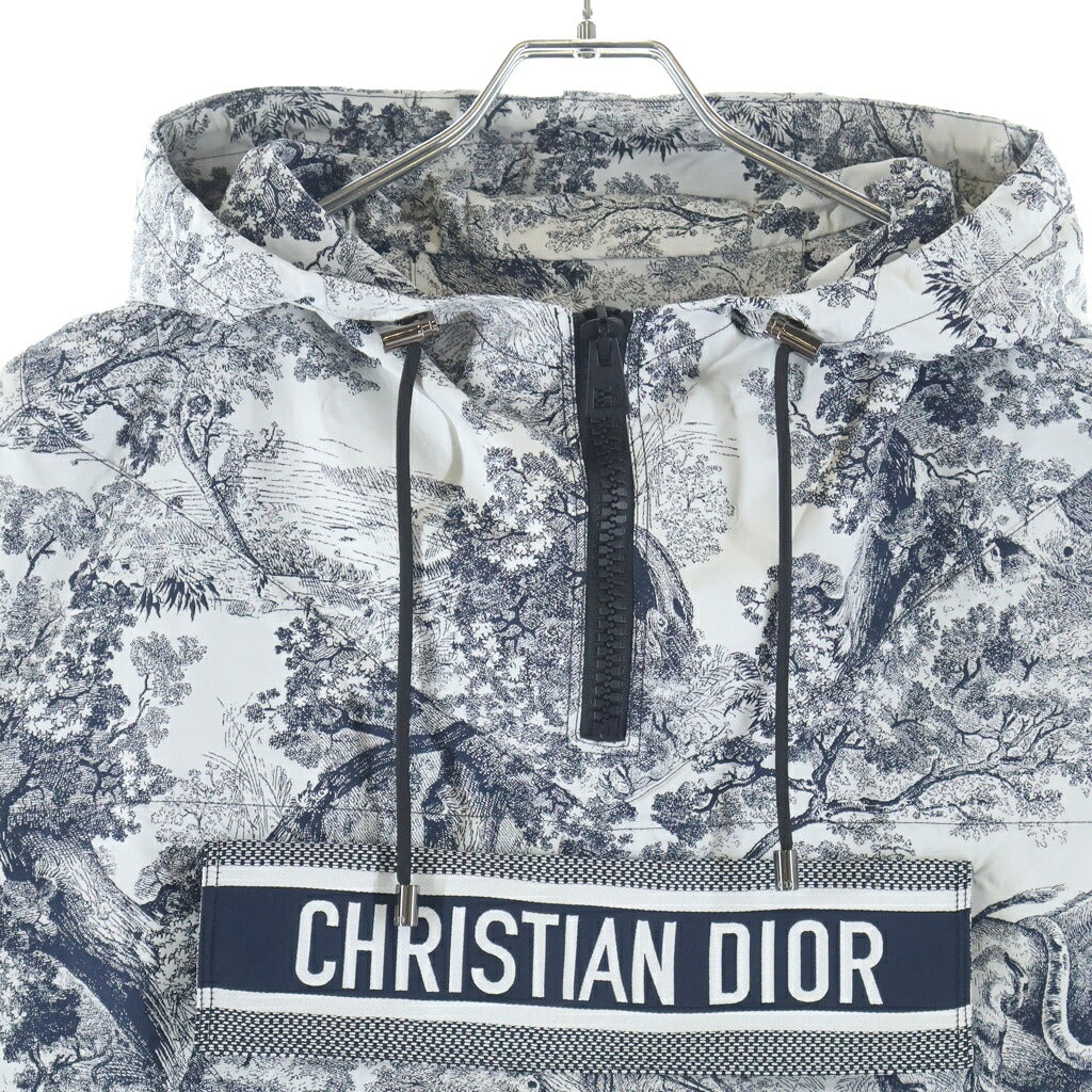 Christian Dior(クリスチャンディオール) ロゴ パーカー フーディ 半袖 ハーフジップ トワルドゥジュイ ナイロン ネイビー/ホワイト