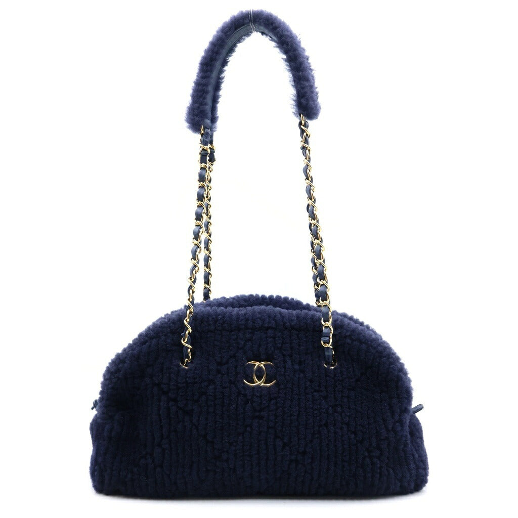 CHANEL(シャネル) ココネージュ ラージ ボーリングバッグ ショルダーバッグ ネイビー シアリング×ラム ゴールド金具 プレート付