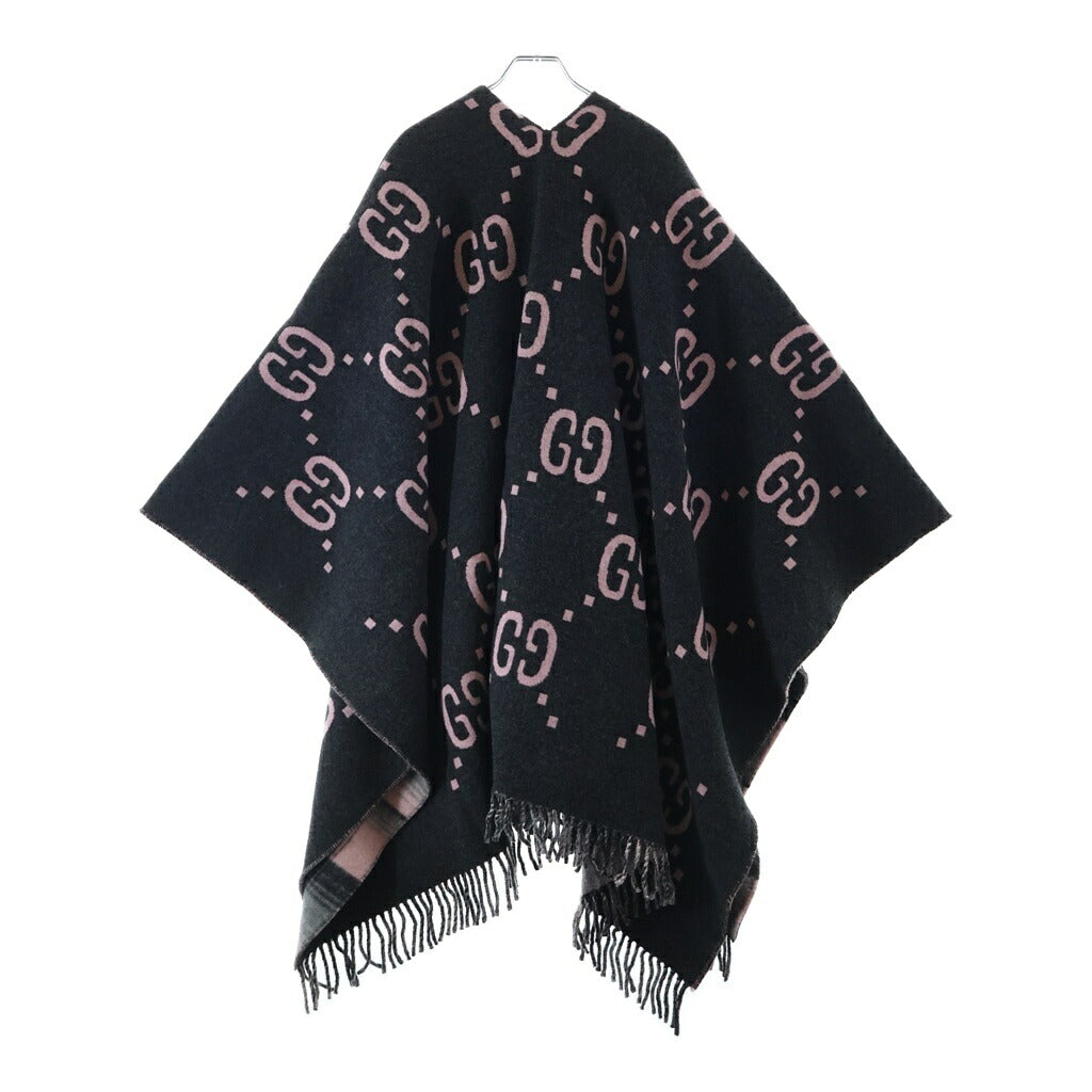 GUCCI(グッチ) GG総柄 リバーシブルタイプ・ストールネックウェア フリンジウールブランケット グレー×ピンク 553118