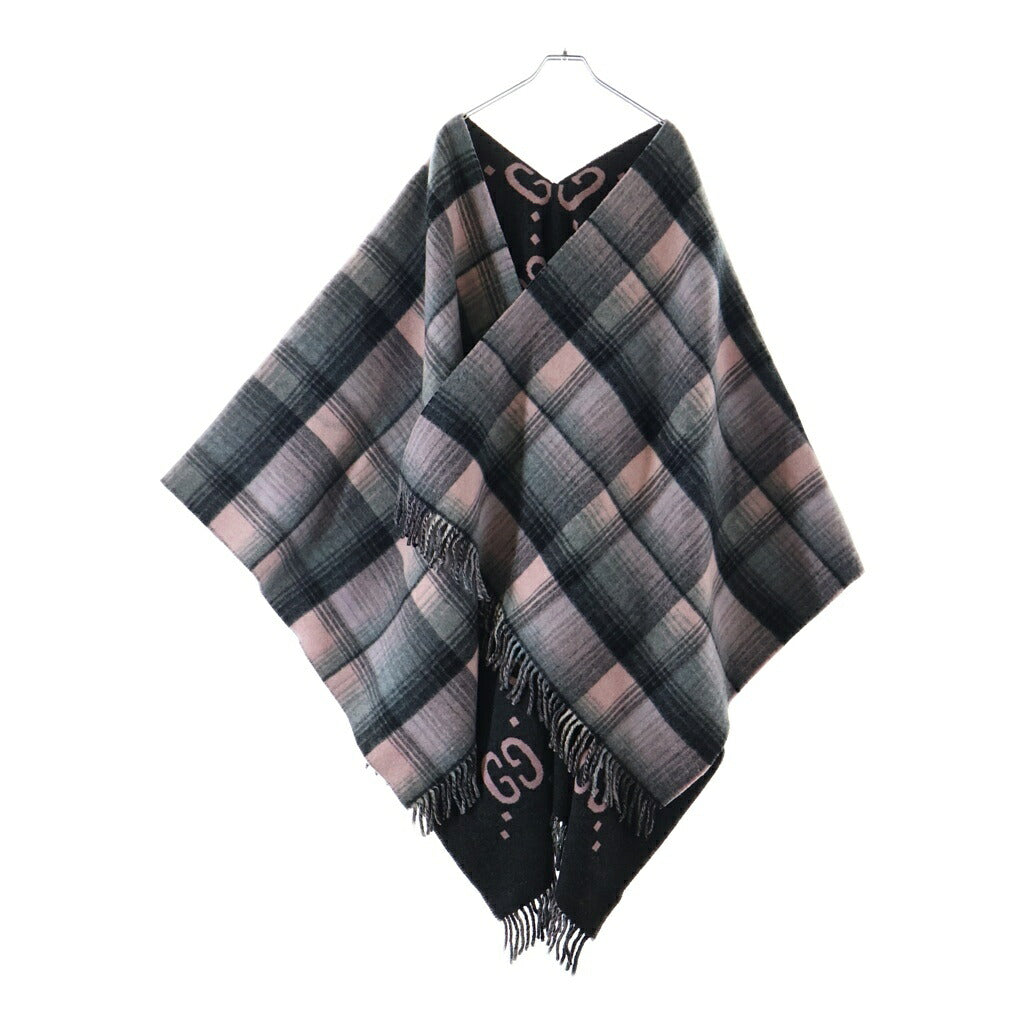 GUCCI(グッチ) GG総柄 リバーシブルタイプ・ストールネックウェア フリンジウールブランケット グレー×ピンク 553118