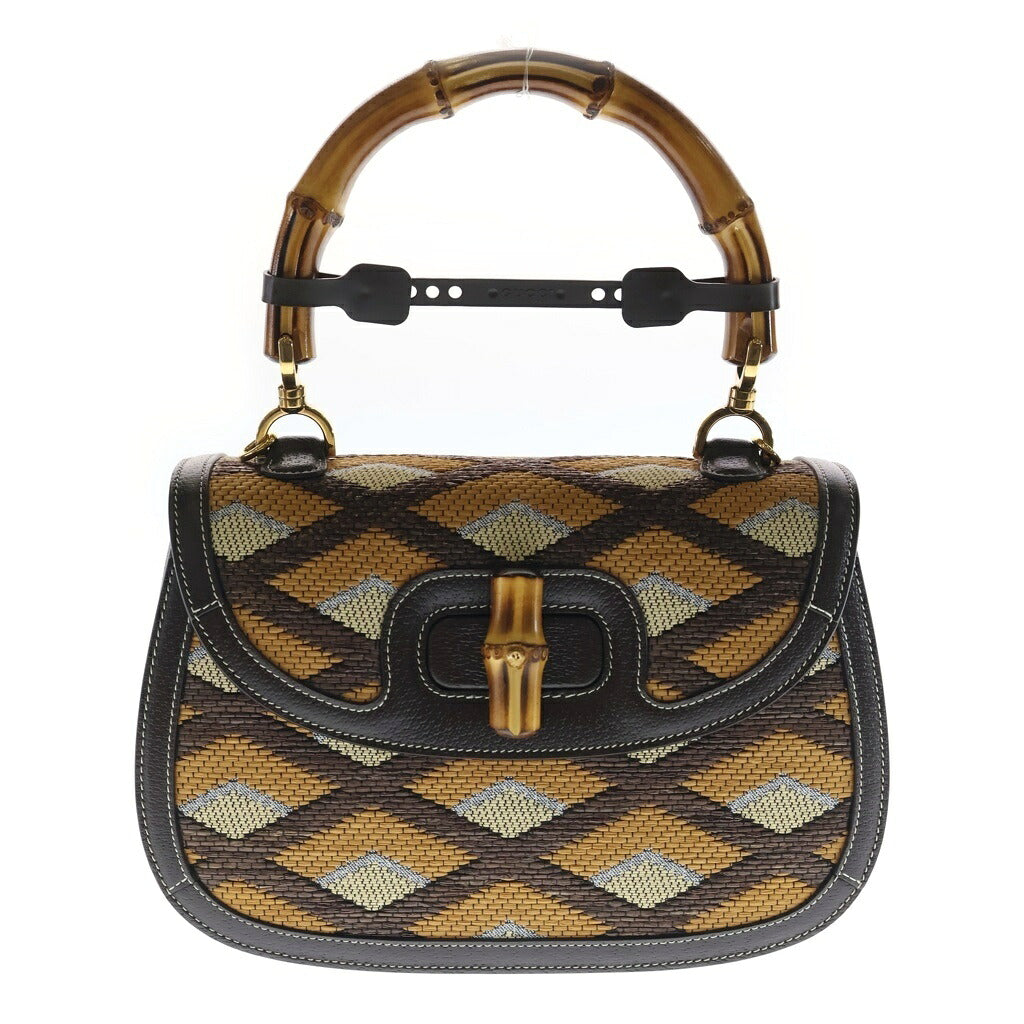 GUCCI(グッチ) バンブー1947 ラフィア レザー 2WAY ハンド ショルダーバッグ ゴールド金具 ブラウン 672206