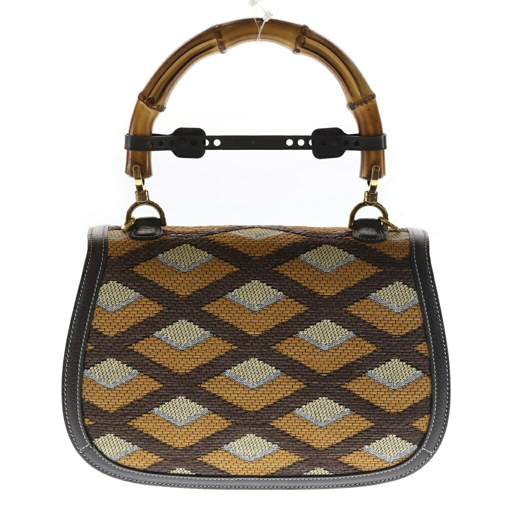 GUCCI(グッチ) バンブー1947 ラフィア レザー 2WAY ハンド ショルダーバッグ ゴールド金具 ブラウン 672206