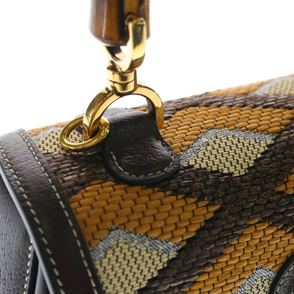 GUCCI(グッチ) バンブー1947 ラフィア レザー 2WAY ハンド ショルダーバッグ ゴールド金具 ブラウン 672206