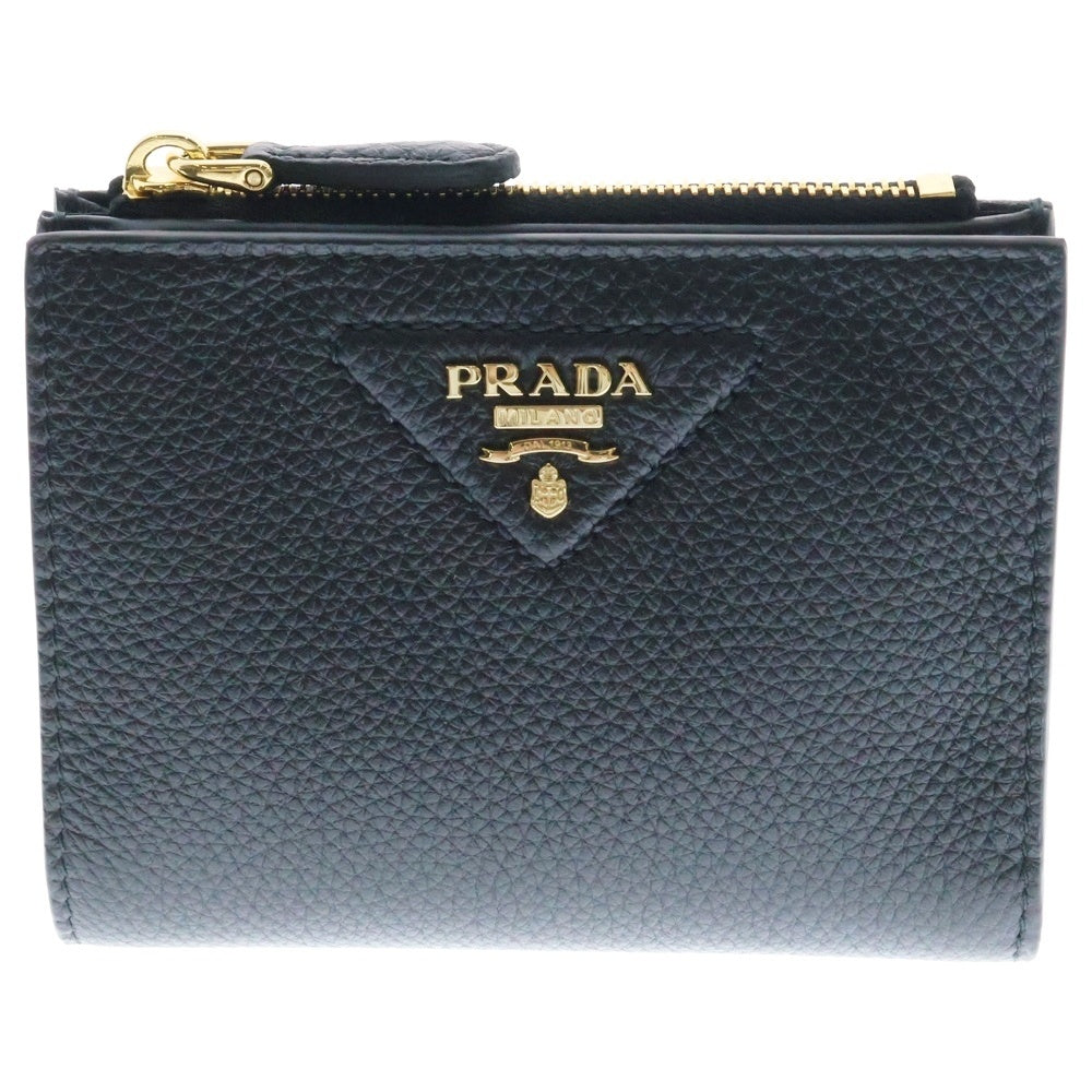 PRADA(プラダ) ヴィッテロダイノ 二つ折り財布 コンパクトウォレット トライアングルロゴプレート ゴールド金具 ブラック レザー 2ML049