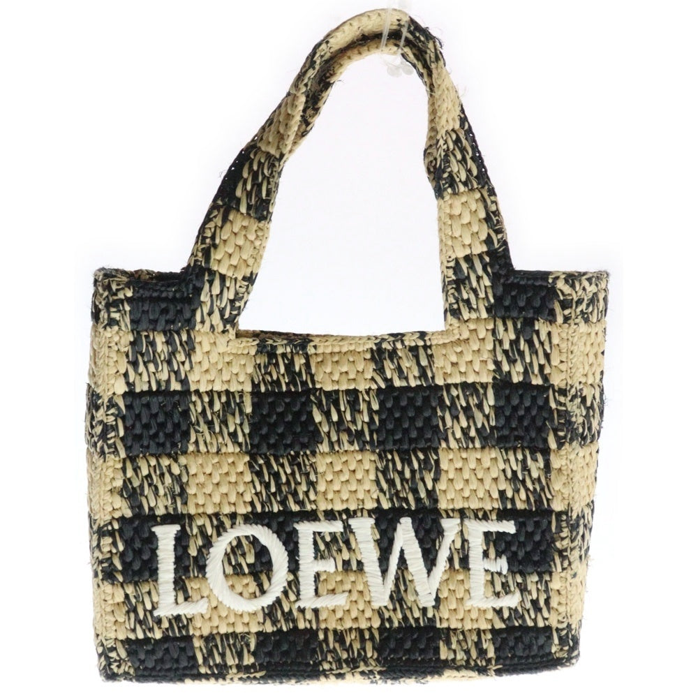 LOEWE(ロエベ) フォントトートバッグ チェック柄 2WAYバッグ ハンドバッグ ショルダーバッグ ミニバッグ ラフィア ベージュ×ブラック ゴールド金具