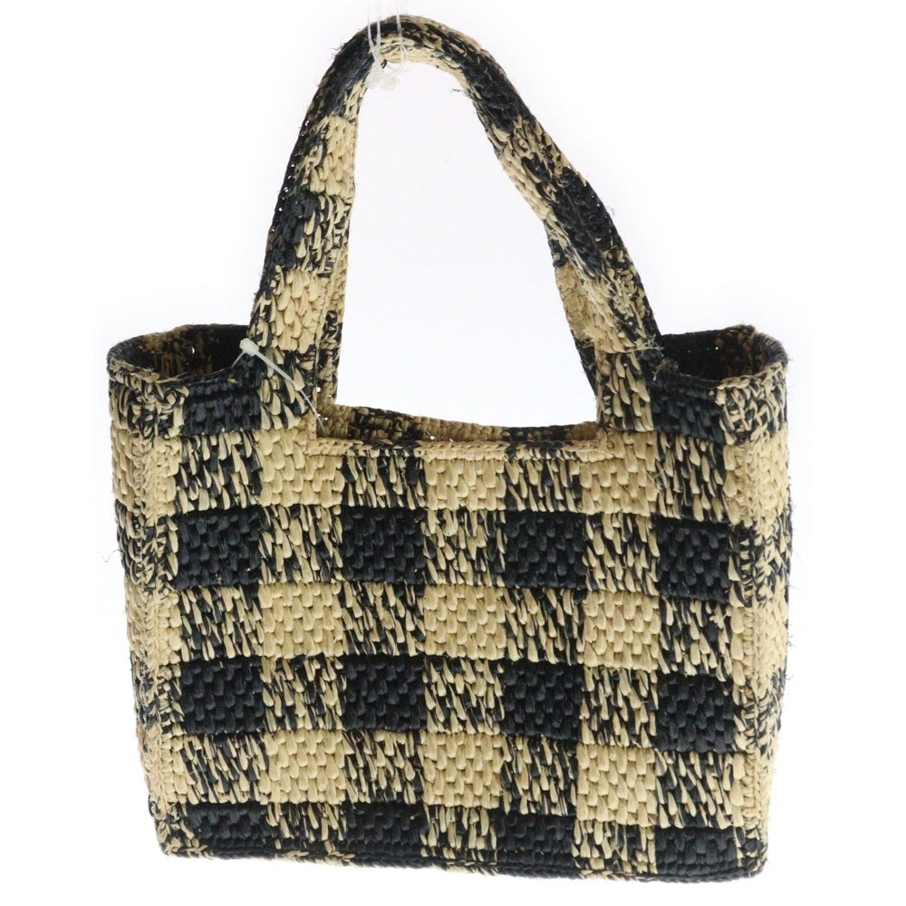 LOEWE(ロエベ) フォントトートバッグ チェック柄 2WAYバッグ ハンドバッグ ショルダーバッグ ミニバッグ ラフィア ベージュ×ブラック ゴールド金具