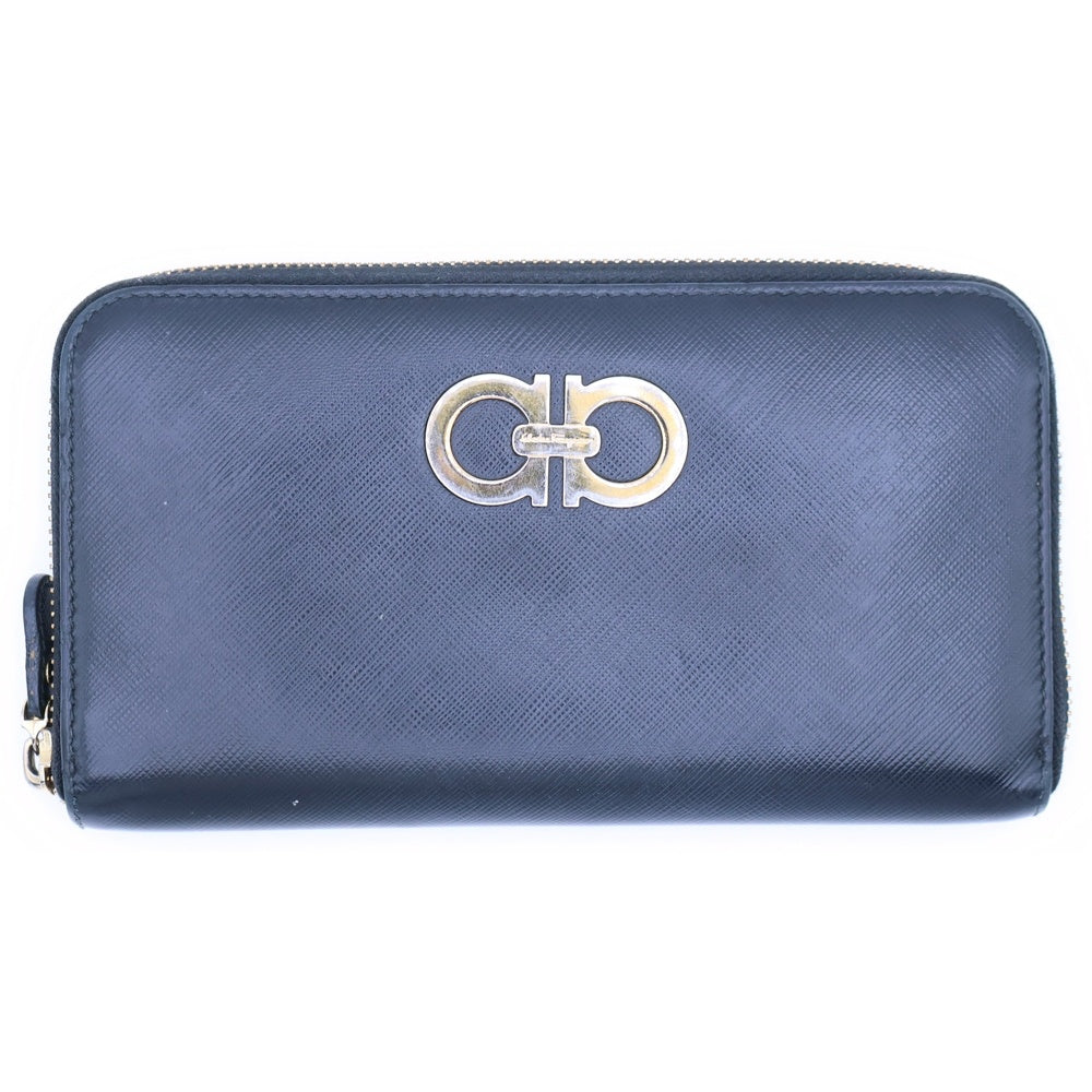 Salvatore Ferragamo(サルヴァトーレ フェラガモ) ラウンドジップレザー長財布 ブラック 〇