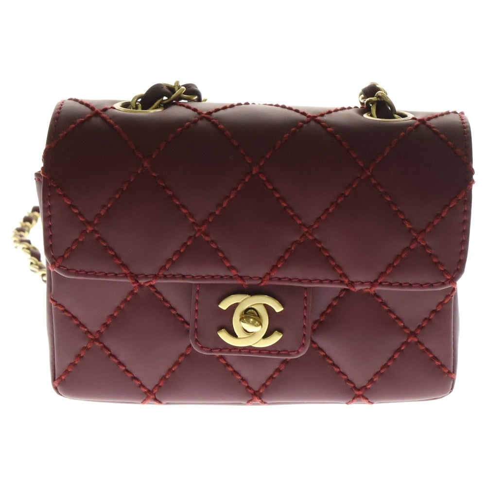 CHANEL(シャネル) ココマーク ミニマトラッセ ワイルドステッチ シングルフラップ レザーチェーンショルダーバッグ バーガンディレッド レディース WS9948