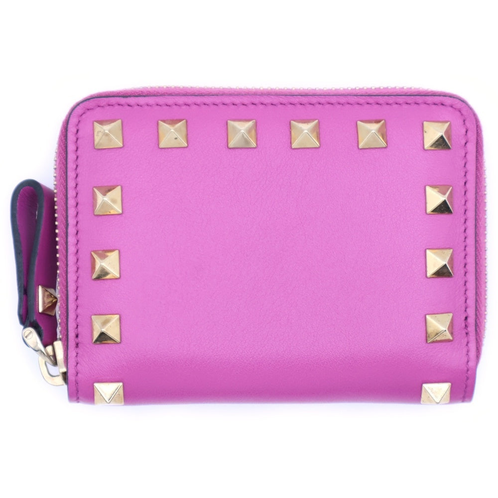 VALENTINO(ヴァレンティノ) ロゴ スタッズ付ラウンドファスナーレザーコンパクトウォレット 財布 パープル