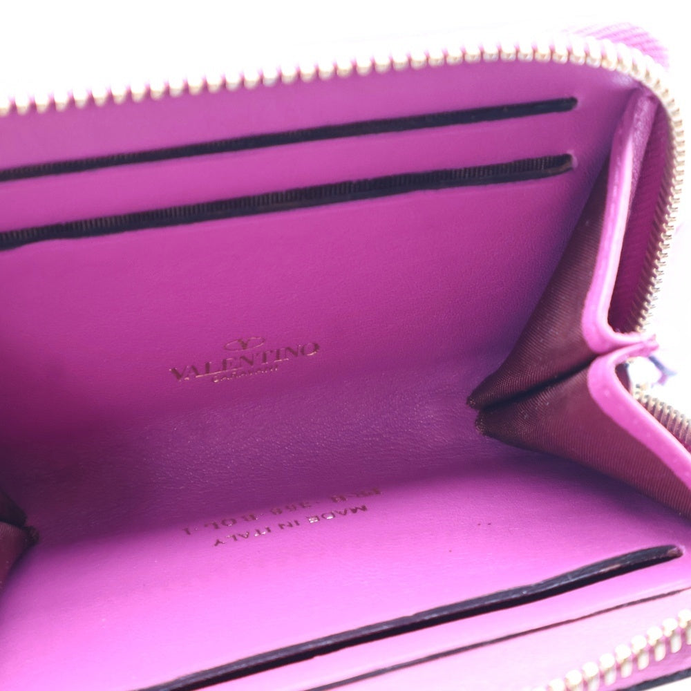 VALENTINO(ヴァレンティノ) ロゴ スタッズ付ラウンドファスナーレザーコンパクトウォレット 財布 パープル