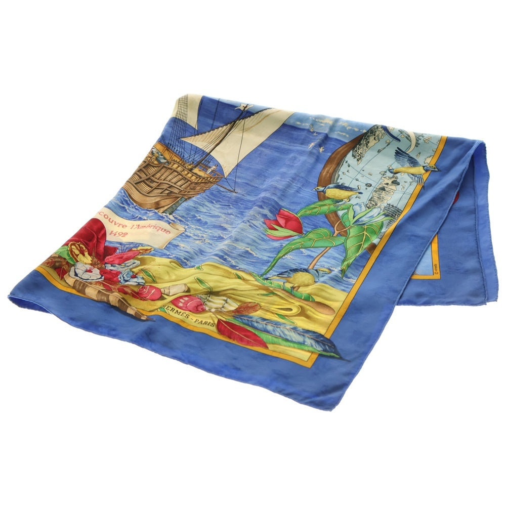 HERMES(エルメス) カレ90 Christophe Colomb スカーフ ブルー シルク