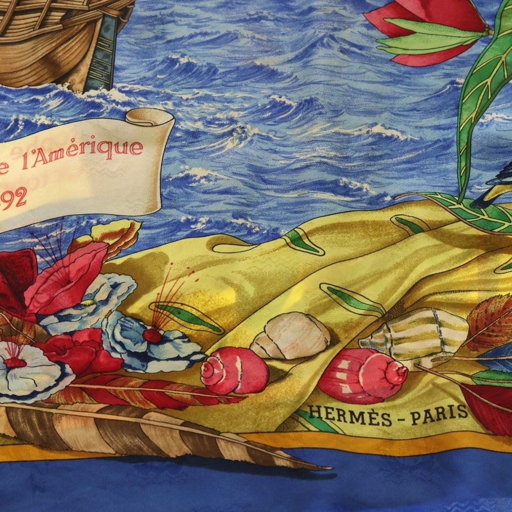 HERMES(エルメス) カレ90 Christophe Colomb スカーフ ブルー シルク