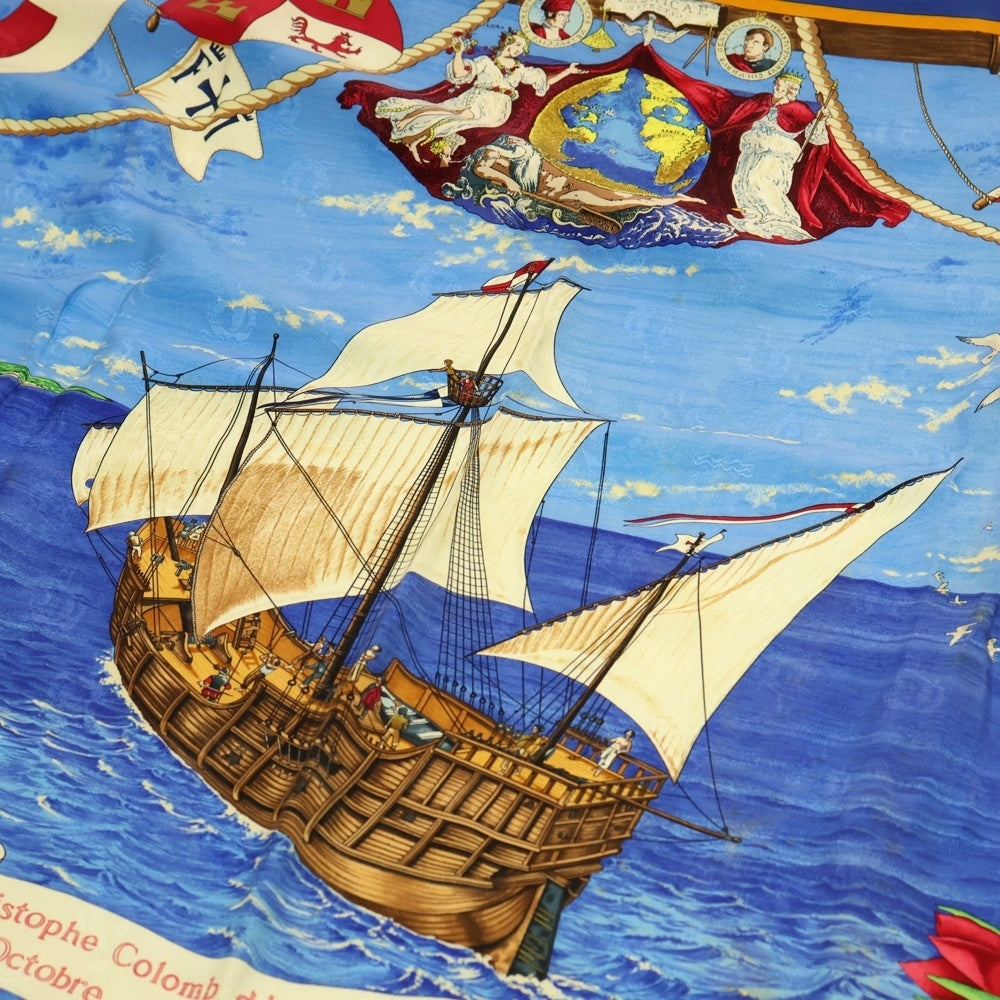 HERMES(エルメス) カレ90 Christophe Colomb スカーフ ブルー シルク