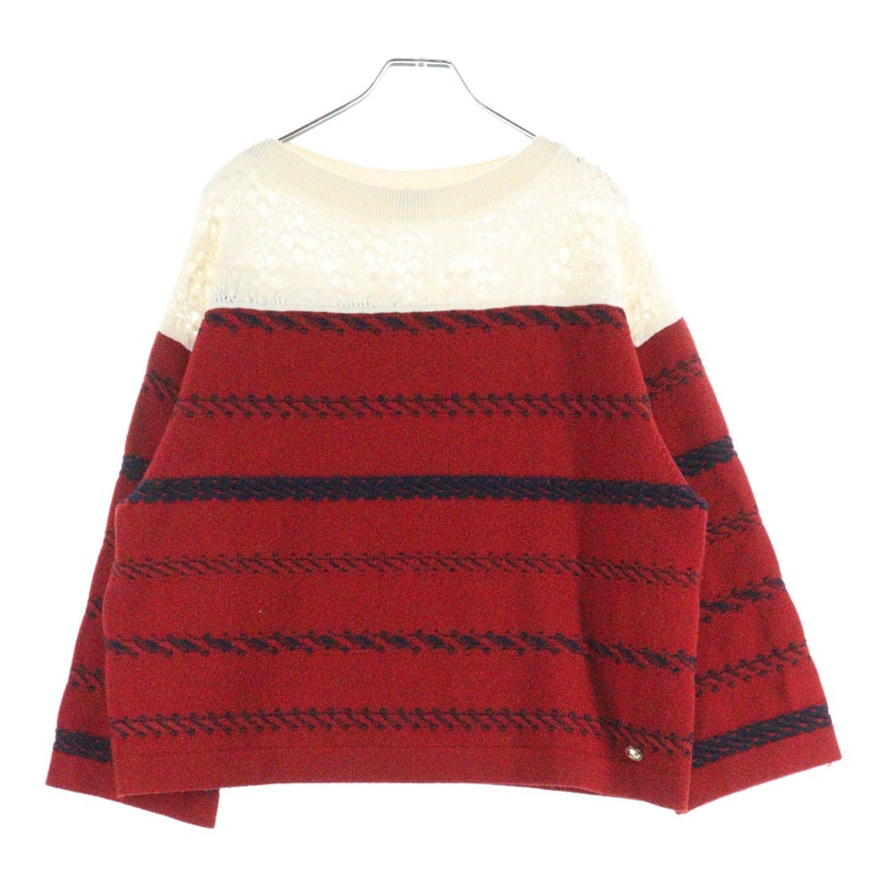 CHANEL(シャネル) ココマーク ロゴプレート レース編み ボーダー柄 バイカラー カシミヤ プルオーバー 長袖 ニット セーター レッド/ホワイト レディース P70304K10003