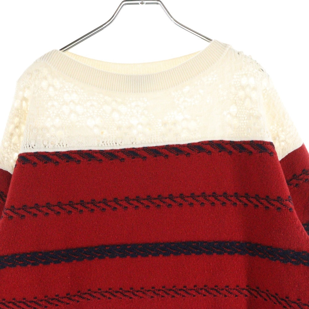 CHANEL(シャネル) ココマーク ロゴプレート レース編み ボーダー柄 バイカラー カシミヤ プルオーバー 長袖 ニット セーター レッド/ホワイト レディース P70304K10003