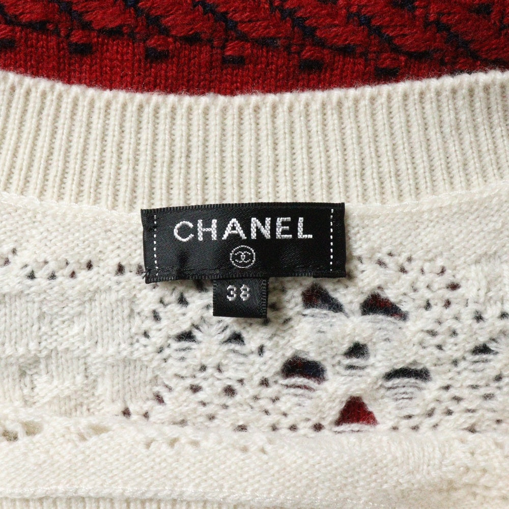 CHANEL(シャネル) ココマーク ロゴプレート レース編み ボーダー柄 バイカラー カシミヤ プルオーバー 長袖 ニット セーター レッド/ホワイト レディース P70304K10003
