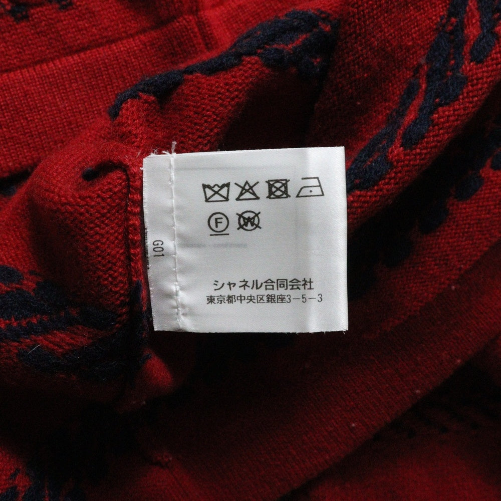 CHANEL(シャネル) ココマーク ロゴプレート レース編み ボーダー柄 バイカラー カシミヤ プルオーバー 長袖 ニット セーター レッド/ホワイト レディース P70304K10003