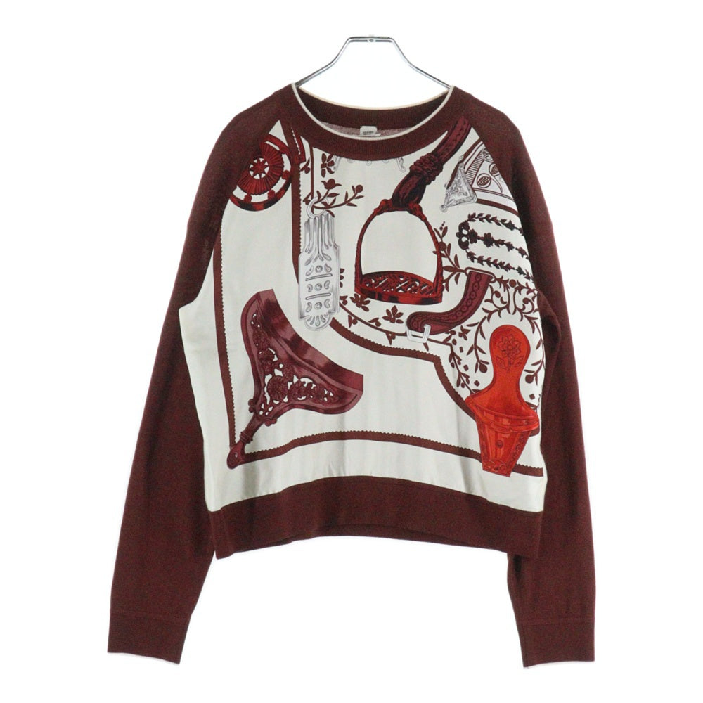 HERMES(エルメス) 24SS ツイルレーヌ 柄プリント シルクスカーフ切り替え クルーネック カシミヤ 長袖ニット セーター ブラウン/ホワイト レディース 4E2814DD