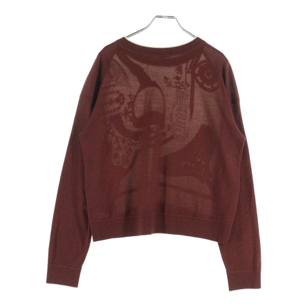 HERMES(エルメス) 24SS ツイルレーヌ 柄プリント シルクスカーフ切り替え クルーネック カシミヤ 長袖ニット セーター ブラウン/ホワイト レディース 4E2814DD