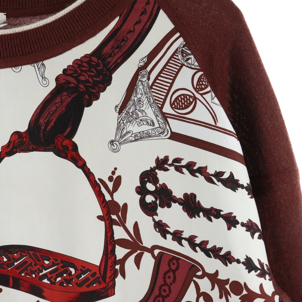 HERMES(エルメス) 24SS ツイルレーヌ 柄プリント シルクスカーフ切り替え クルーネック カシミヤ 長袖ニット セーター ブラウン/ホワイト レディース 4E2814DD