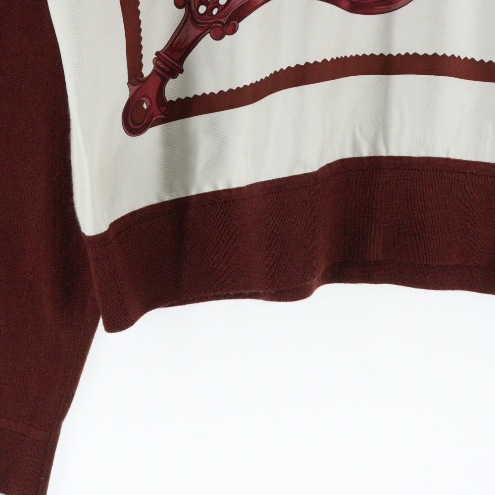 HERMES(エルメス) 24SS ツイルレーヌ 柄プリント シルクスカーフ切り替え クルーネック カシミヤ 長袖ニット セーター ブラウン/ホワイト レディース 4E2814DD