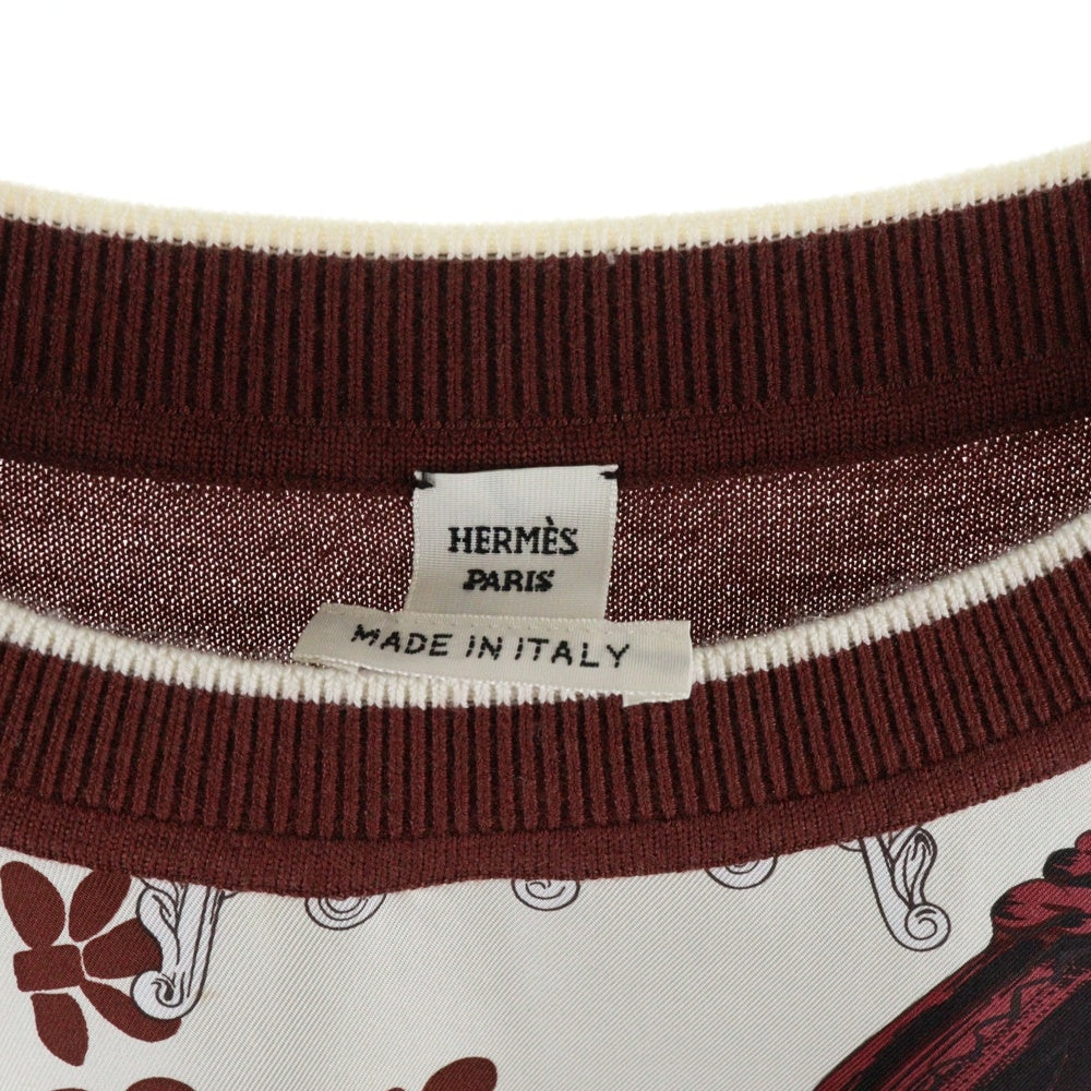 HERMES(エルメス) 24SS ツイルレーヌ 柄プリント シルクスカーフ切り替え クルーネック カシミヤ 長袖ニット セーター ブラウン/ホワイト レディース 4E2814DD