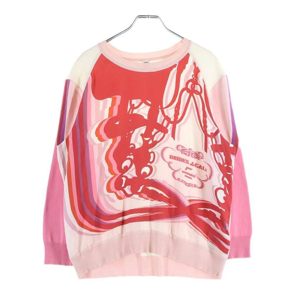 HERMES(エルメス) BRIDES de GALA ブリッド ドゥ ガラ ツイルレーヌ 柄プリント シルクスカーフ切り替え クルーネック 長袖ニット セーター ピンク/レッド レディース