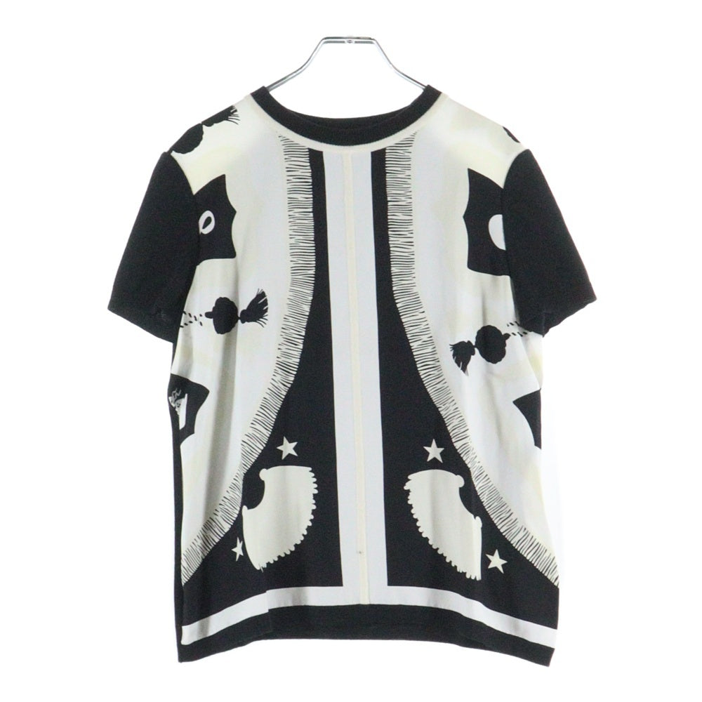 HERMES(エルメス) ツイルレーヌ 柄プリント シルクスカーフ切り替え カシミヤ クルーネック 半袖ニット セーター ブラック/ホワイト レディース