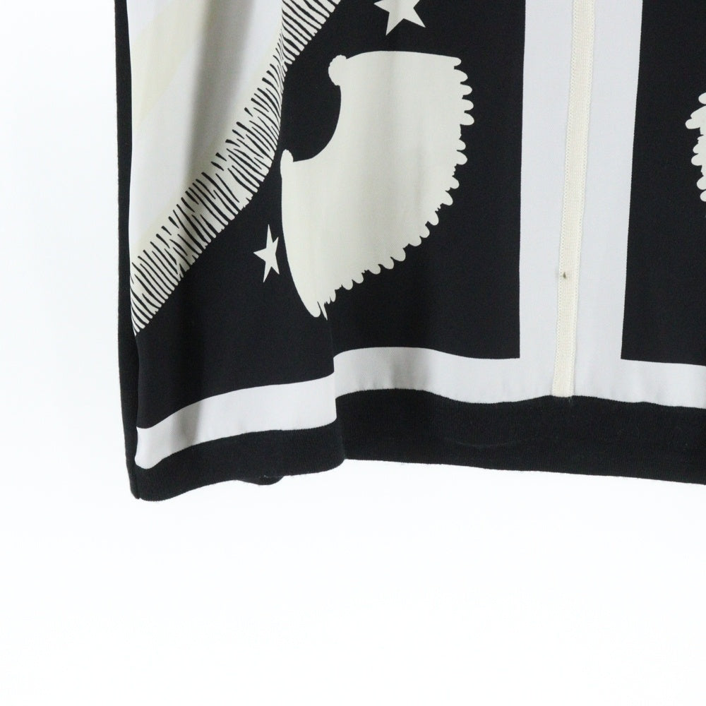 HERMES(エルメス) ツイルレーヌ 柄プリント シルクスカーフ切り替え カシミヤ クルーネック 半袖ニット セーター ブラック/ホワイト レディース