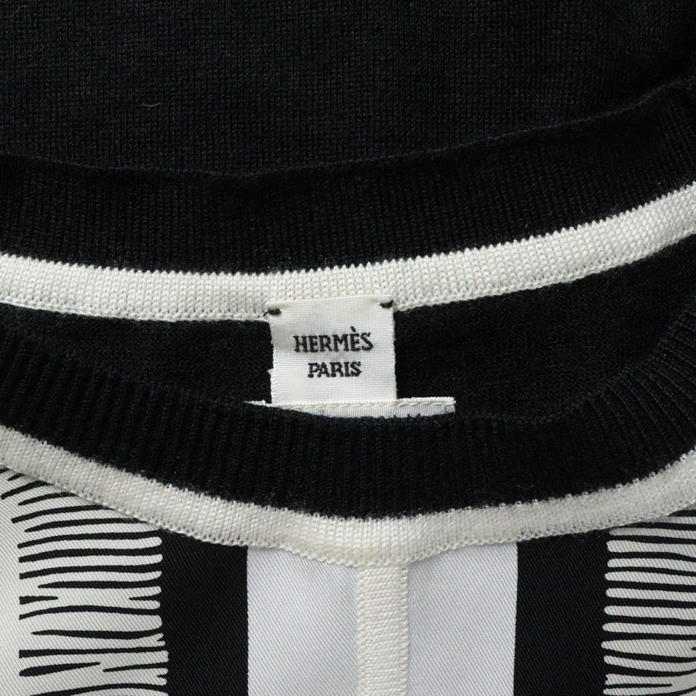 HERMES(エルメス) ツイルレーヌ 柄プリント シルクスカーフ切り替え カシミヤ クルーネック 半袖ニット セーター ブラック/ホワイト レディース