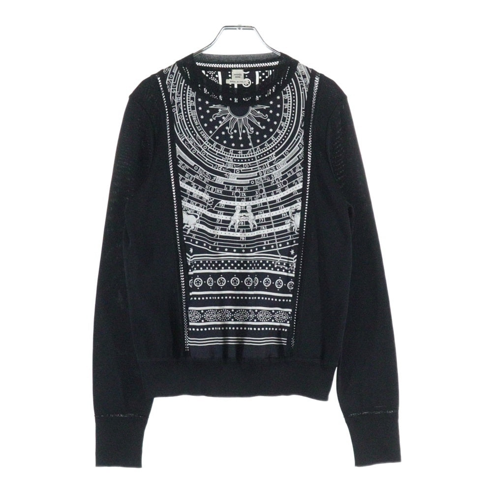 HERMES(エルメス) 23AW ツイルレーヌ Astrology アストロロジー 星座柄プリント シルクスカーフ切り替え クルーネック 長袖ニット セーター ブラック レディース 3H2814D7