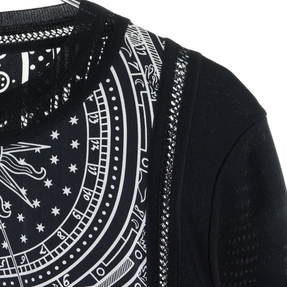 HERMES(エルメス) 23AW ツイルレーヌ Astrology アストロロジー 星座柄プリント シルクスカーフ切り替え クルーネック 長袖ニット セーター ブラック レディース 3H2814D7