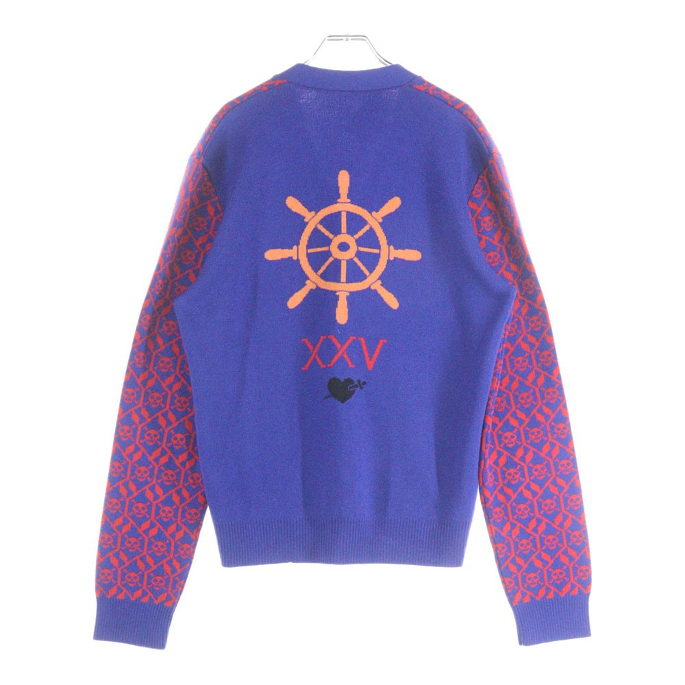 GUCCI(グッチ) スカル総柄ジャガード ウールニット 長袖カーディガン ブルー/レッド 597724 GMN65 レディース