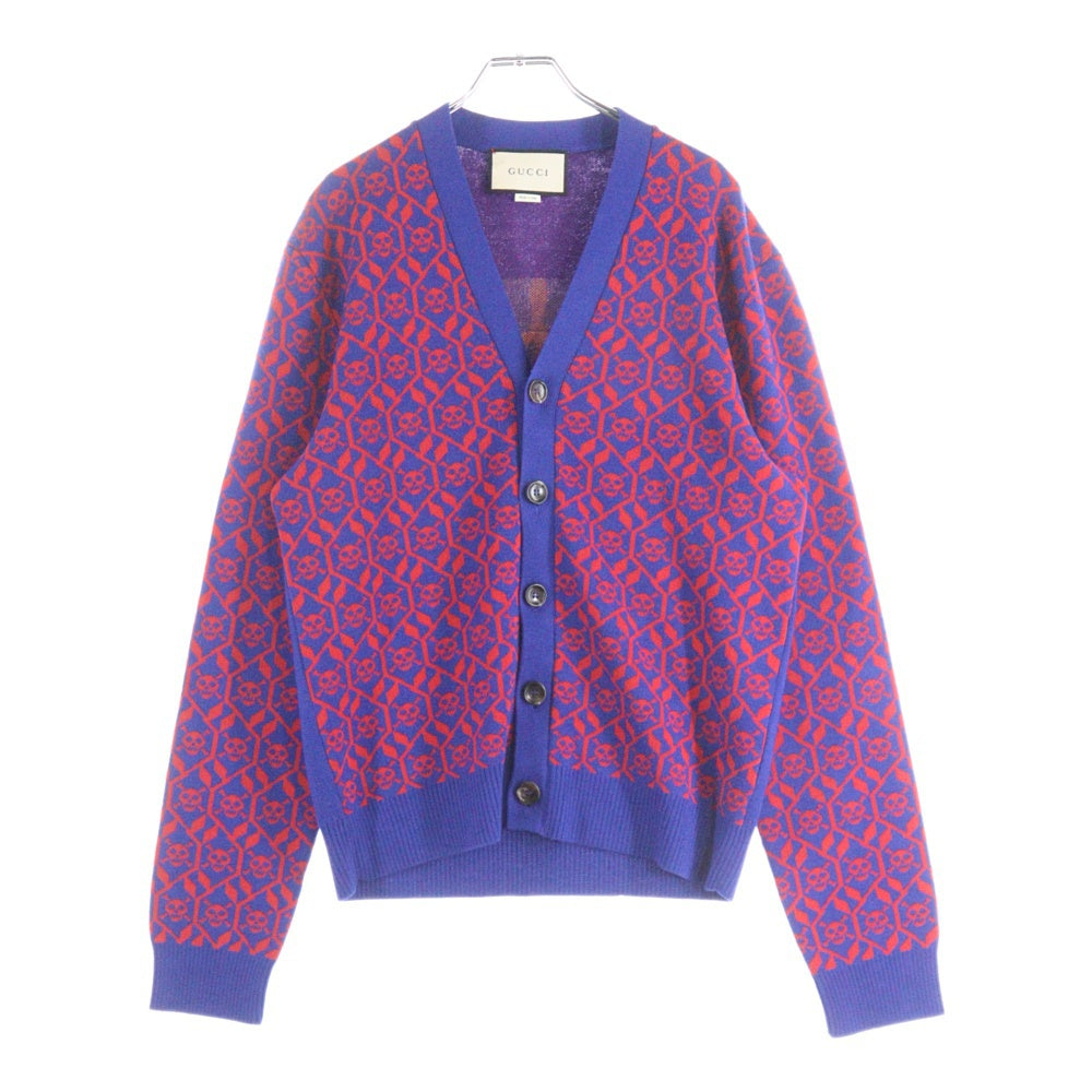 GUCCI(グッチ) スカル総柄ジャガード ウールニット 長袖カーディガン ブルー/レッド 597724 GMN65 レディース