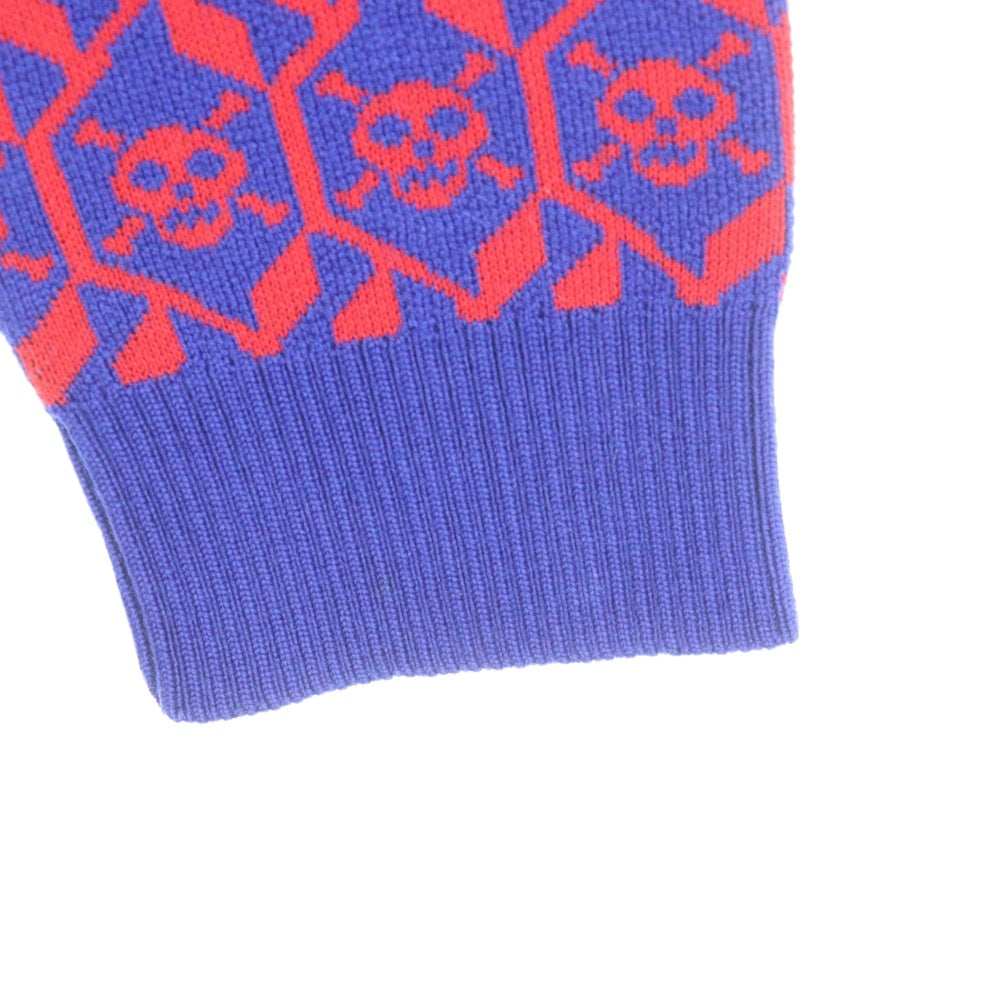 GUCCI(グッチ) スカル総柄ジャガード ウールニット 長袖カーディガン ブルー/レッド 597724 GMN65 レディース