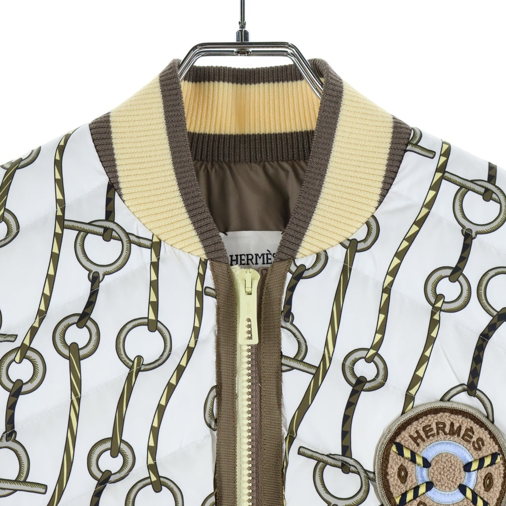 HERMES(エルメス) 23AW セリエワッペンロゴ 金具総柄プリント ジップアップ ダウンベスト ホワイト/ブラウン 3H0163D2 レディース