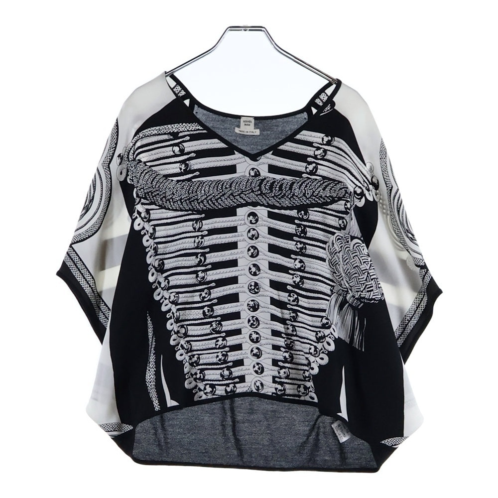 HERMES(エルメス) ツイルレーヌ ナポレオンジャケット柄 シルクスカーフ切り替え Vネック カシミヤニット トップス カットソー ブラック/ホワイト レディース