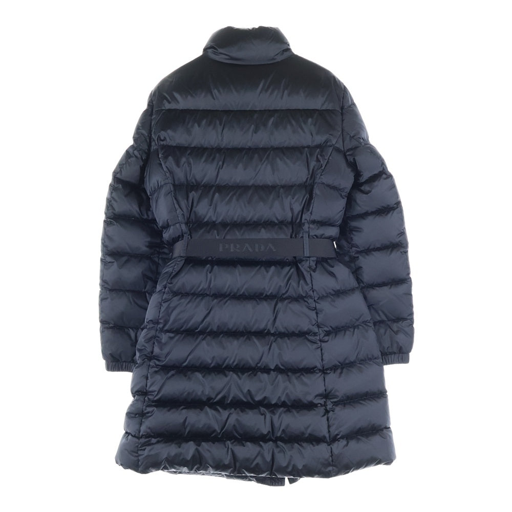 PRADA(プラダ) 19AW ロゴバックル ベルト付き スタンドカラー ジップアップ ダウン ロング ジャケット コート ブラック レディース 29G150