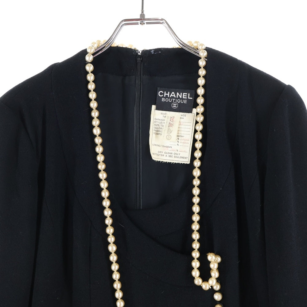 CHANEL(シャネル) パールデザイン ナイロン混 ウール ミディアムワンピース ドレス ブラック レディース