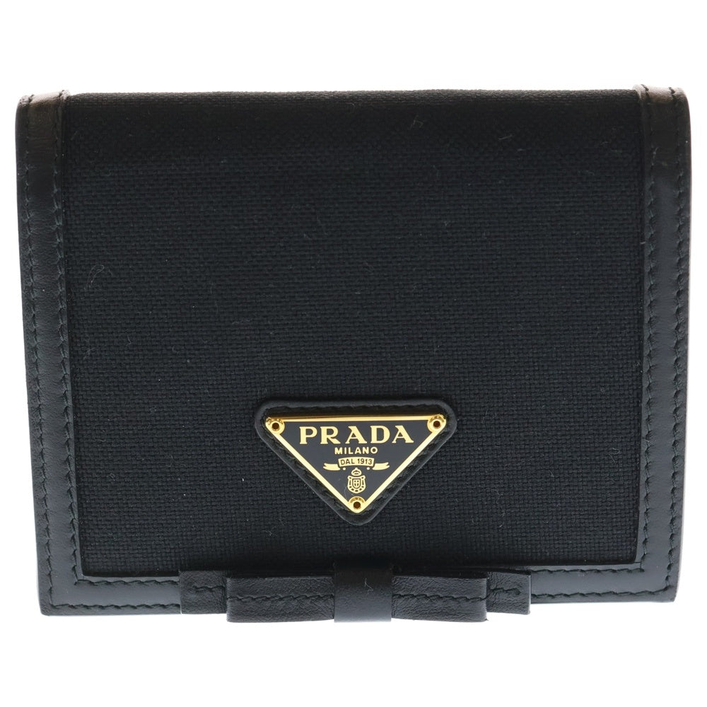 PRADA(プラダ) リボン ロゴプレート 2つ折り財布 ブラック レザー×キャンバス ウォレット